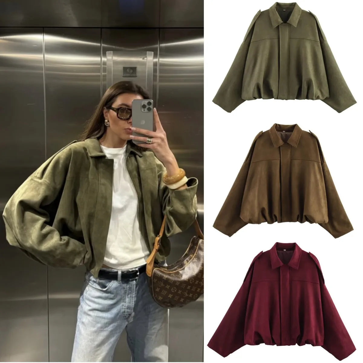 ETJ 2025 Spring Women's Suede-Texture Loose Lapel Shoulder Bomber Jacket