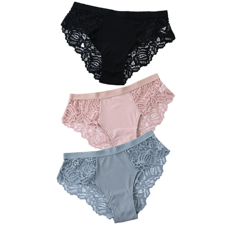 3Pcs Cotton Lace Panties for Women - Sexy Floral Briefs Underwear Lingerie Plus Size