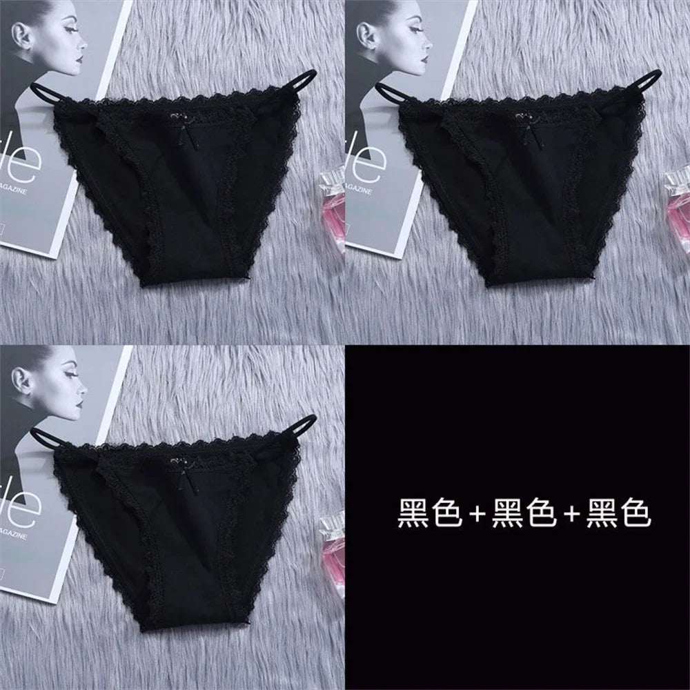 3PCS Women's Traceless Ice Silk Briefs Nylon Lace Trim Low Waist Breathable Cotton Crotch Panties