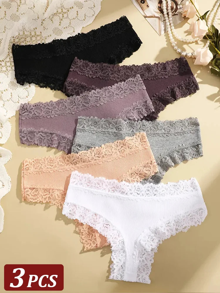 3PCS Women Cotton Lace Panties – Floral Patchwork Soft Briefs, Trendy Intimate Underwear Lingerie S-XL