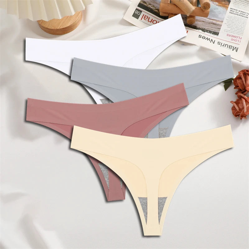 FINETOO 4PCS Women's Ice Silk Seamless Low Waist Thongs Sexy Solid Color Stretch Lingerie