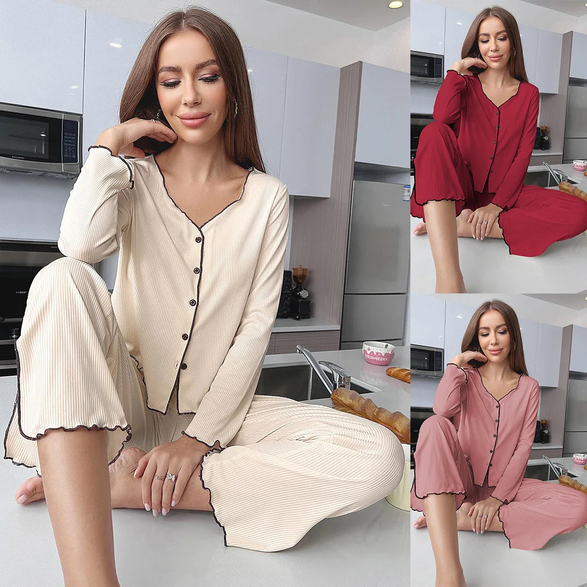 Europe Hot-Selling Women's Pajama Set | Autumn Winter Pinstripe Cardigan & Long Pants Loungewear