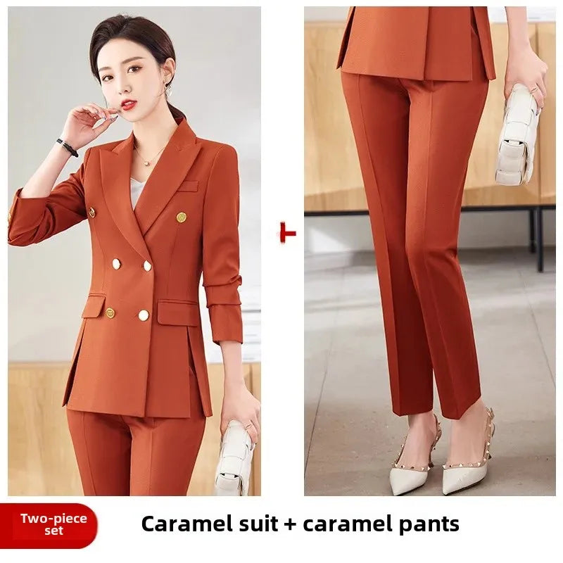 Women’s Khaki Western-Style Suit – Professional Double-Button Jacket Workwear