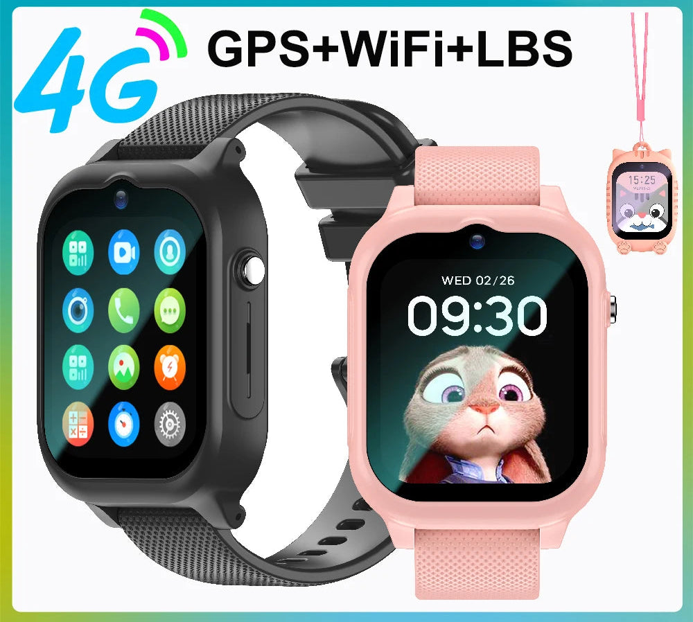 Two smartwatches, one black and one pink, with GPS+WIFI+LBS features on a colorful background.