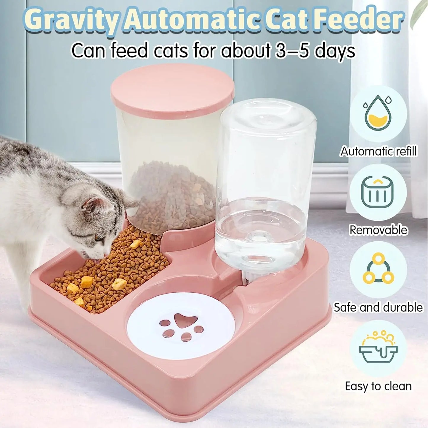 Automatic Cat Feeder & Water Dispenser Set – 2-in-1 Tilted Gravity Food Feeder and Pet Waterer for Cats & Small Dogs
