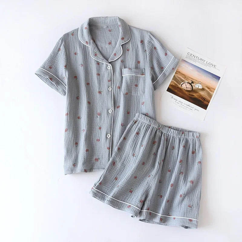 2025 Summer Women's Pajama Set | 100% Cotton Crepe Short Sleeve & Shorts | Thin Loose Two Piece Homewear for Spring & Autumn
