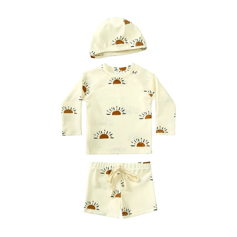 2025 Kids Boys Sun Protection Swimsuit Set Long Sleeve Tops Beach Pants Hat 1-7T