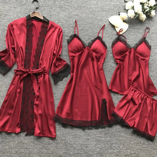4PCS Women's Lace Pajama Set | V-Neck Nightdress with Chest Pads | Comfortable Home Sleepwear