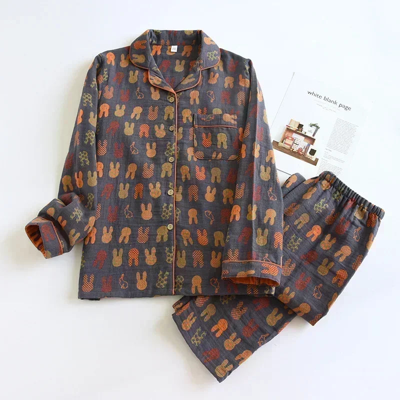 2025 Spring & Summer Women's Pajama Set | 100% Cotton Crepe Long Sleeve Top & Trousers | Floral Leaf Two-Piece Homewear