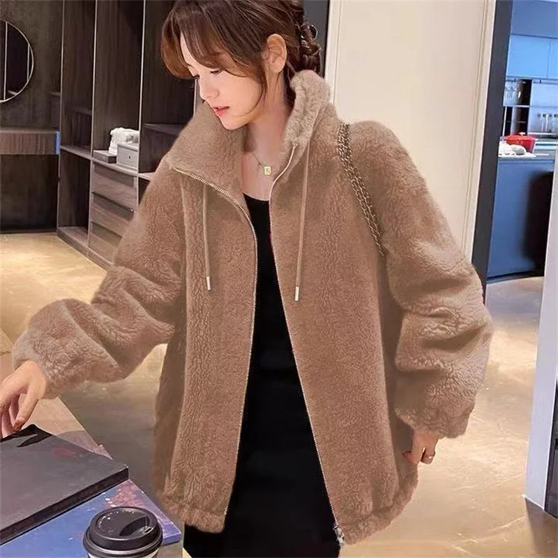 Winter Warm Double Coral Fleece Coat Women Stand Collar Plush Thick Loose Casual Long Sleeve Zipper Overcoat