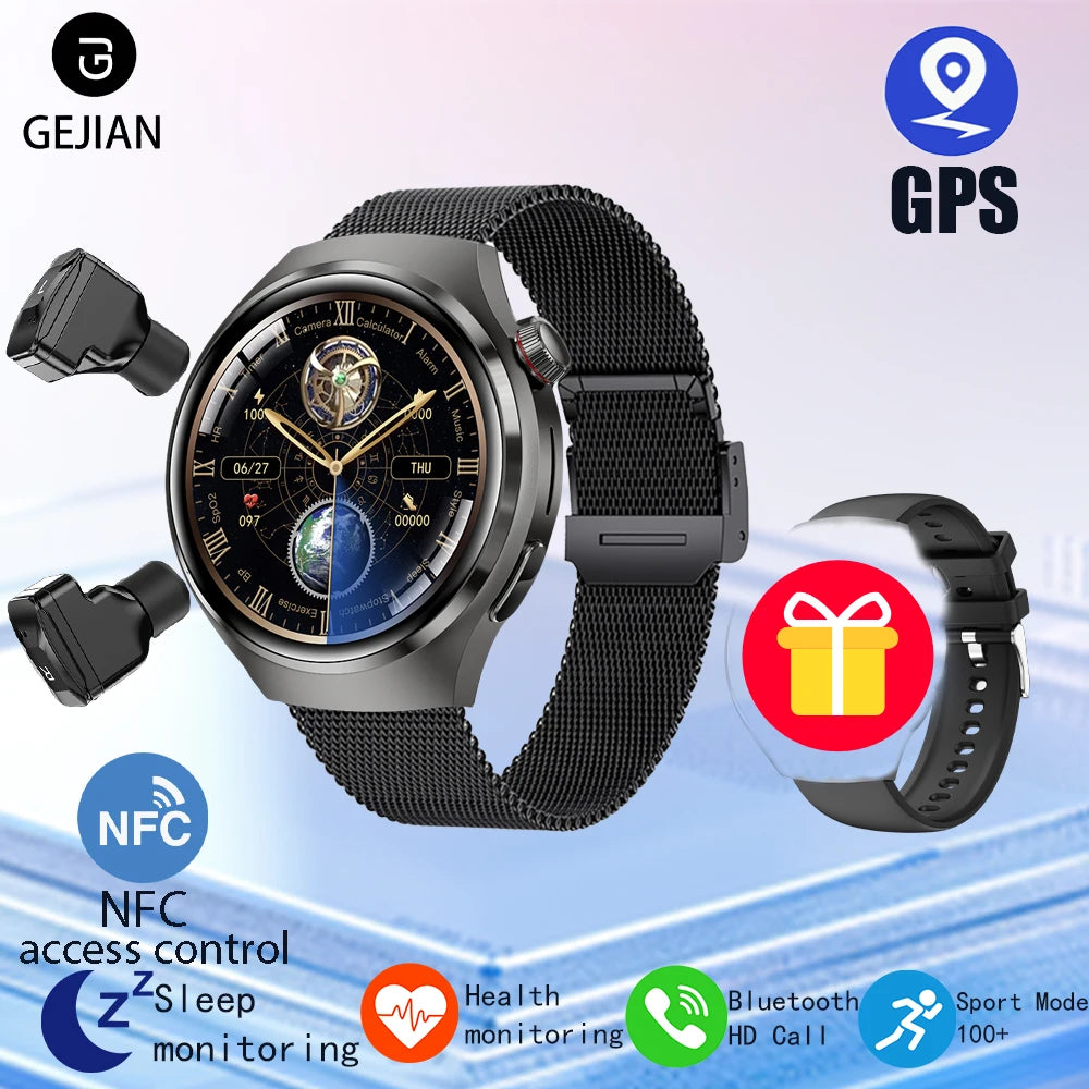 ساعة ذكية 2 في 1 مع سماعات بلوتوث - شاشة عالية الدقة 1.53 بوصة، مكالمات بلوتوث، NFC، GPS، ومتتبع معدل ضربات القلب