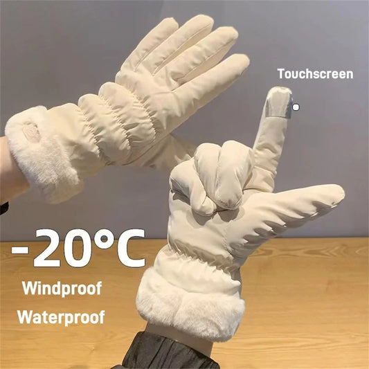 Women’s Winter Ski Gloves – Thick Fleece Plush Cotton, Waterproof Touchscreen Warm Gloves for Outdoor Riding & Mountaineering