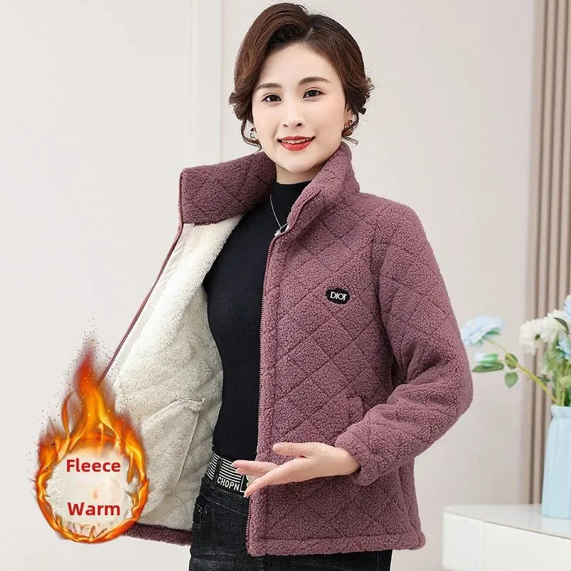 Middle-Aged & Elderly Women's Fleece-Lined Wool Sweatshirt Stand Collar Cardigan Winter Jacket
