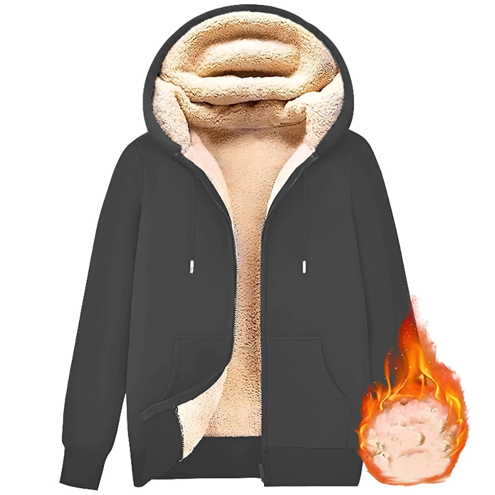 Unisex Trendy Lamb Wool Jacket – Warm Zipper Hoodie with Front Pockets, Plush Lined Winter Coat