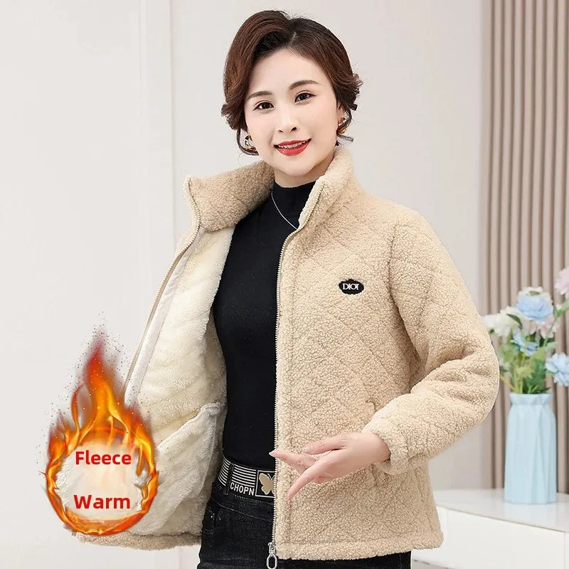 Middle-Aged & Elderly Women's Fleece-Lined Wool Sweatshirt Stand Collar Cardigan Winter Jacket
