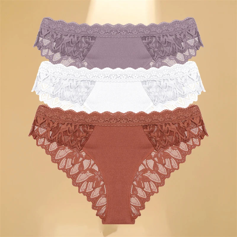 FINETOO 3PCS Women's Lace Hollow Out Low Waist Floral Panties Sexy Invisible Breathable Lingerie