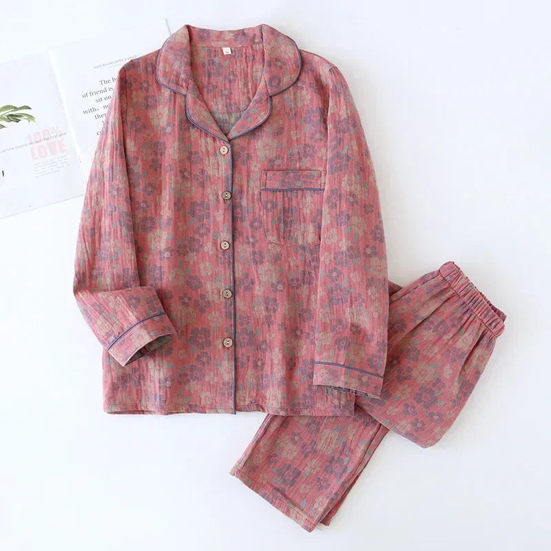 2025 Spring & Summer Women's Pajama Set | 100% Cotton Crepe Long Sleeve Top & Trousers | Floral Leaf Two-Piece Homewear