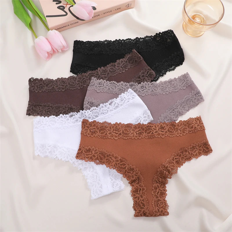 5 PCS Women's Cotton Panties | Floral Lace Patchwork Briefs | Soft Comfortable Underwear S-XL