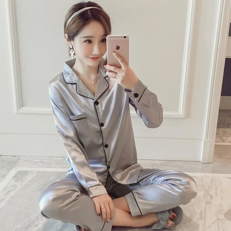 2025 Women's Silk Pajama Set | Long Sleeve Cardigan Ice Silk Sleepwear Home Clothing