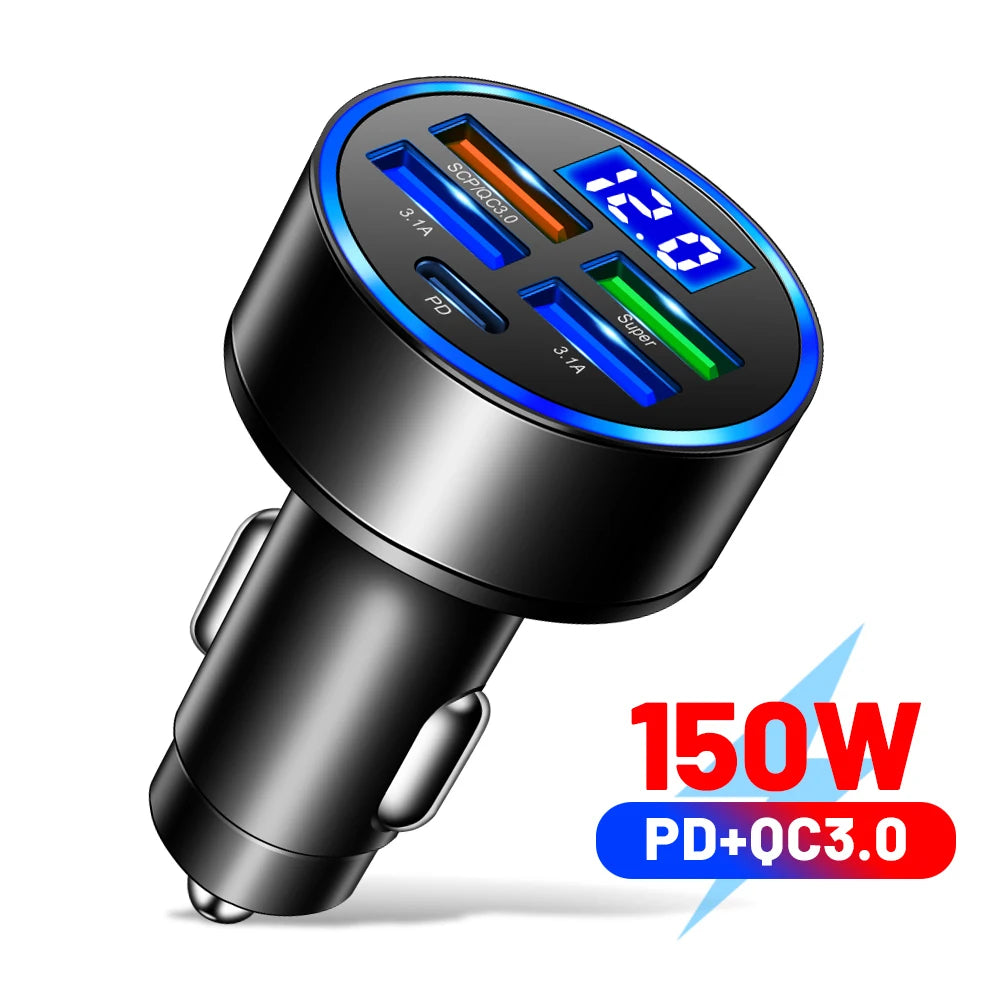 66–250W PD Car Charger – QC3.0 Fast Charging Cigarette Lighter Splitter with Digital Display (1-to-6 Ports)