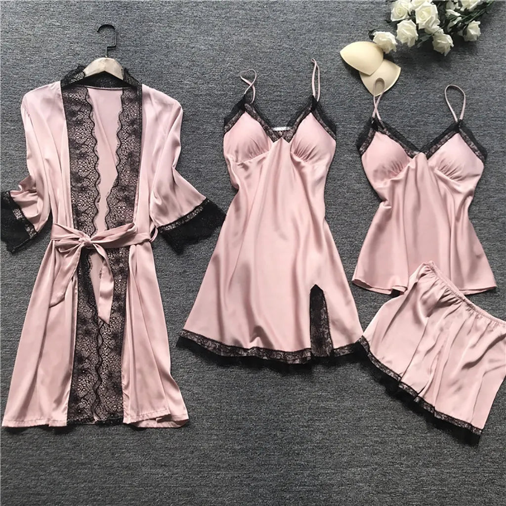 4PCS Women’s Sexy Lace Pajamas – Fashion V-Neck Nightgown with Chest Pads, Comfortable Casual Loungewear Nightdress