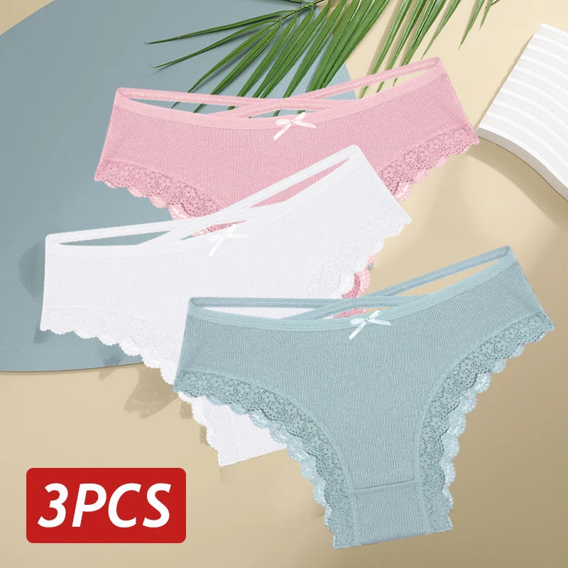 3PCS Women's Cotton Panties Set – Sexy Low Rise Lace Brazilian, Hollow Out Soft Breathable Lingerie S-XL