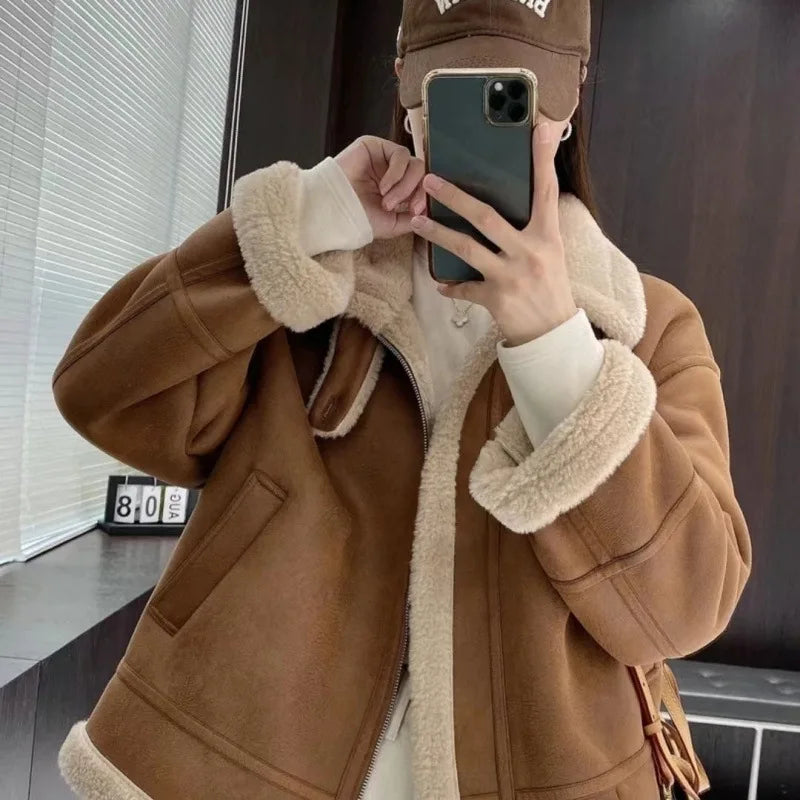 Lamb Fur Jacket Women’s Autumn Winter Thick Motorcycle-Style Short Plush Cotton Fashion Outerwear Coat