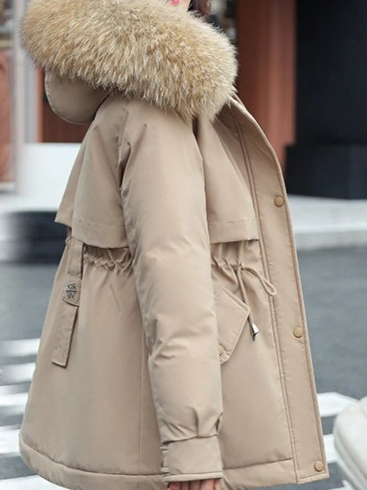 New Women Parka Long Coat with Wool Liner, Hooded Winter Jacket, Slim Fit with Fur Collar, Warm Snow Wear Padded Clothes