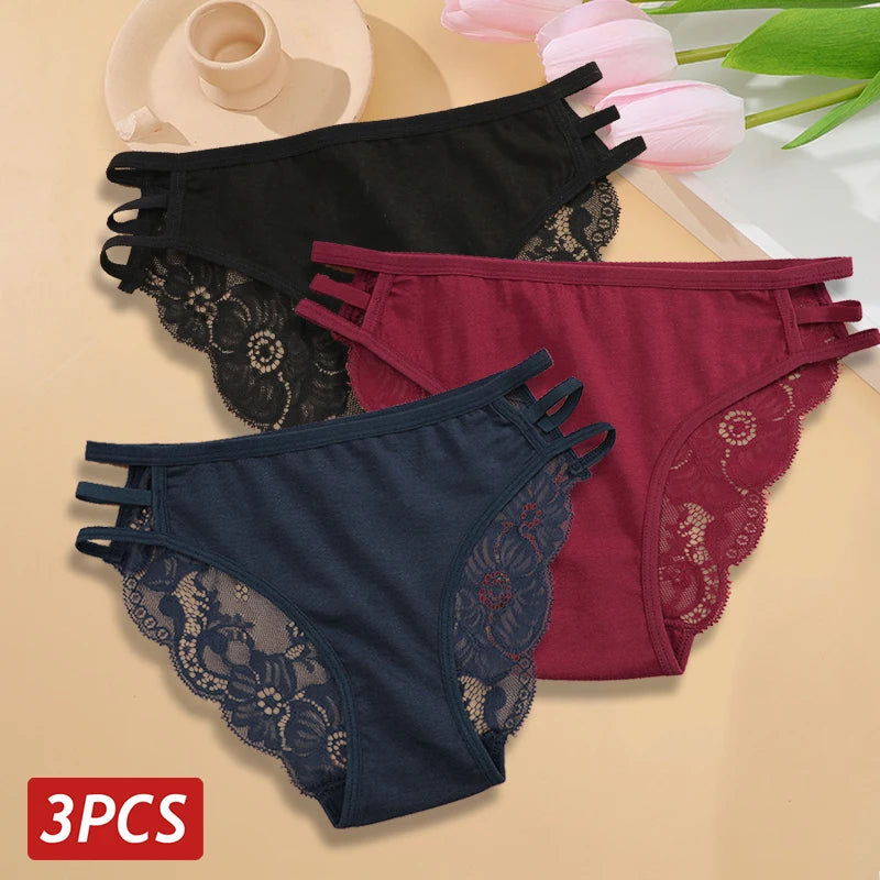 3PC Set Women's Sexy Floral Lace Low Rise Hollow Out Panties Transparent Underwear Soft Elastic Straps Lingerie