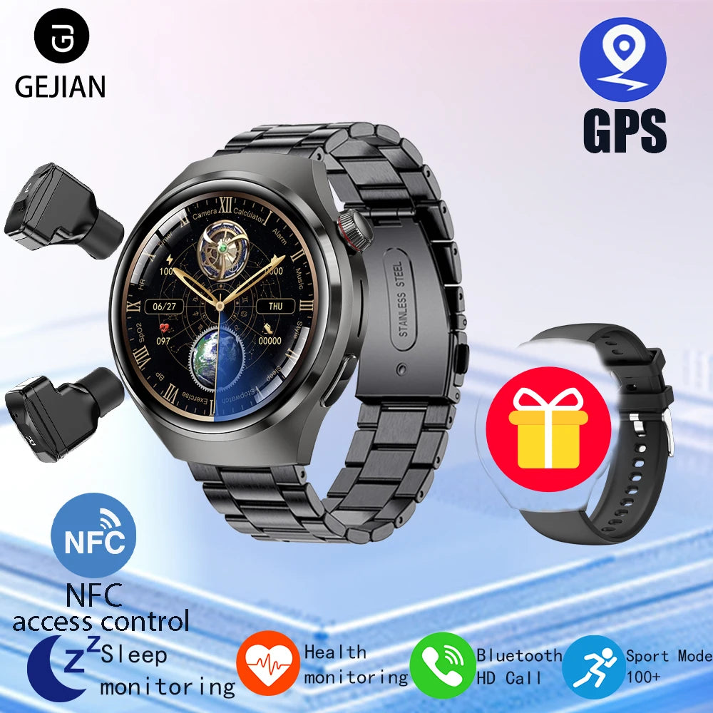 ساعة ذكية 2 في 1 مع سماعات بلوتوث - شاشة عالية الدقة 1.53 بوصة، مكالمات بلوتوث، NFC، GPS، ومتتبع معدل ضربات القلب