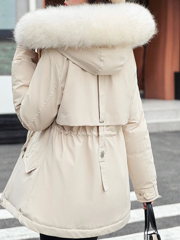 New Women Parka Long Coat with Wool Liner, Hooded Winter Jacket, Slim Fit with Fur Collar, Warm Snow Wear Padded Clothes