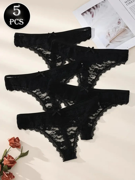 5PCS Women's Floral Lace Low Waist Panties Sexy Breathable Solid Color Underwear Lingerie
