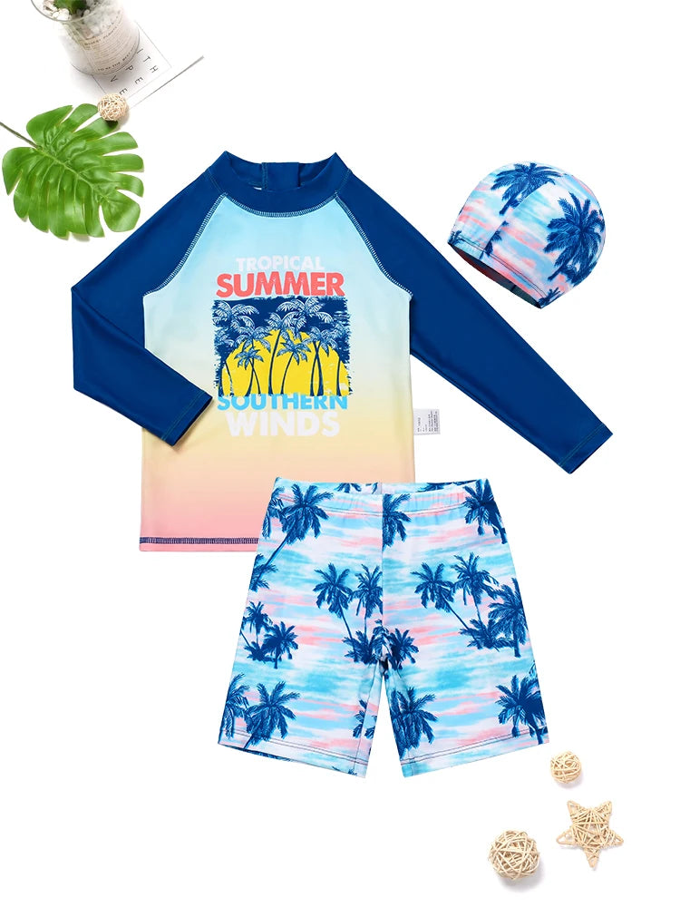 2025 Kids 3 Piece Swimsuit Set Quick Dry Summer Sunset Colorful Beachwear