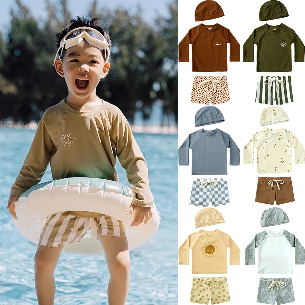2025 Kids Boys Sun Protection Swimsuit Set Long Sleeve Tops Beach Pants Hat 1-7T