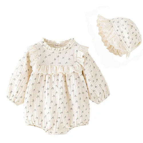 Baby Girl Romper Set Long Sleeve Cotton Korean Style Outfit with Hat 0-24M