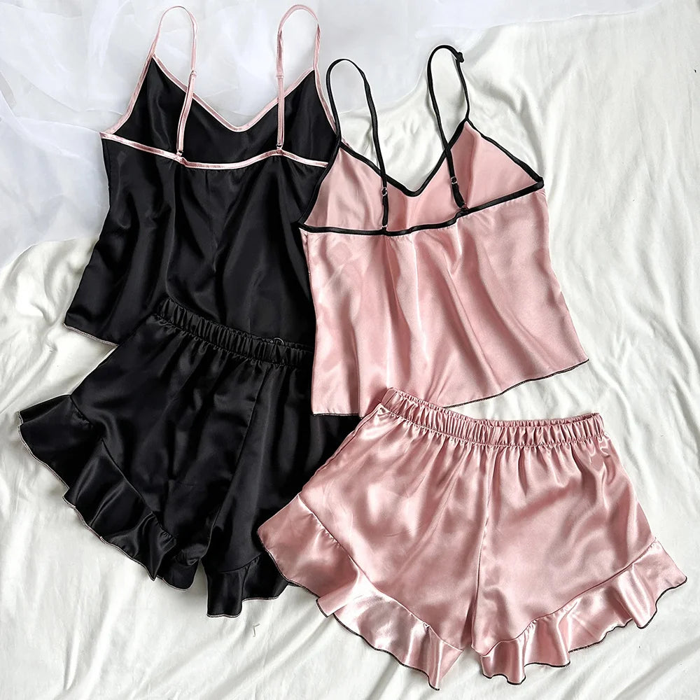 Women’s Smooth Satin Pajamas – V-Neck T-Shirt with Ruffled Edges & Bow Shorts, Simple Breathable Homewear Set