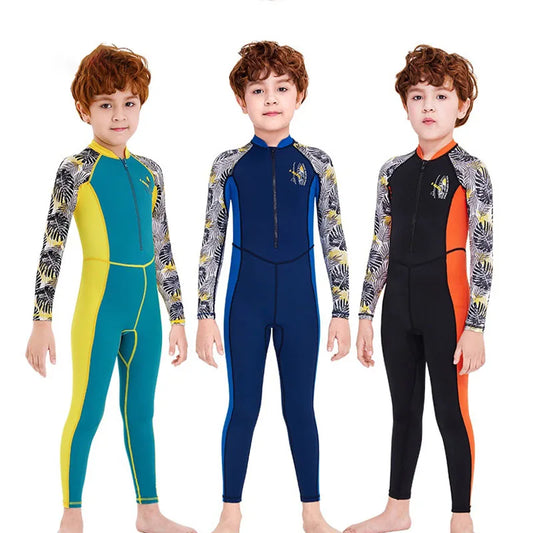 Boys One-Piece Swimsuit Long Sleeve Sun Protection Kids Swimwear with Cap