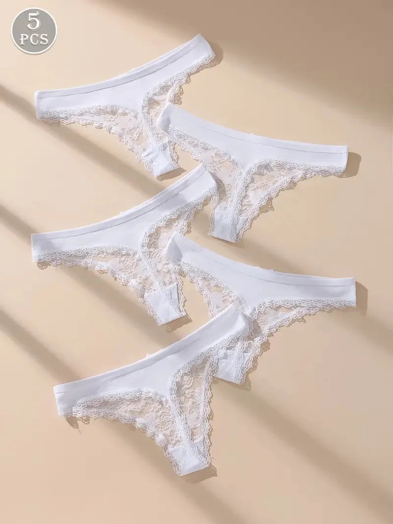 5PCS Women's Floral Lace Low Waist Panties Sexy Breathable Solid Color Underwear Lingerie