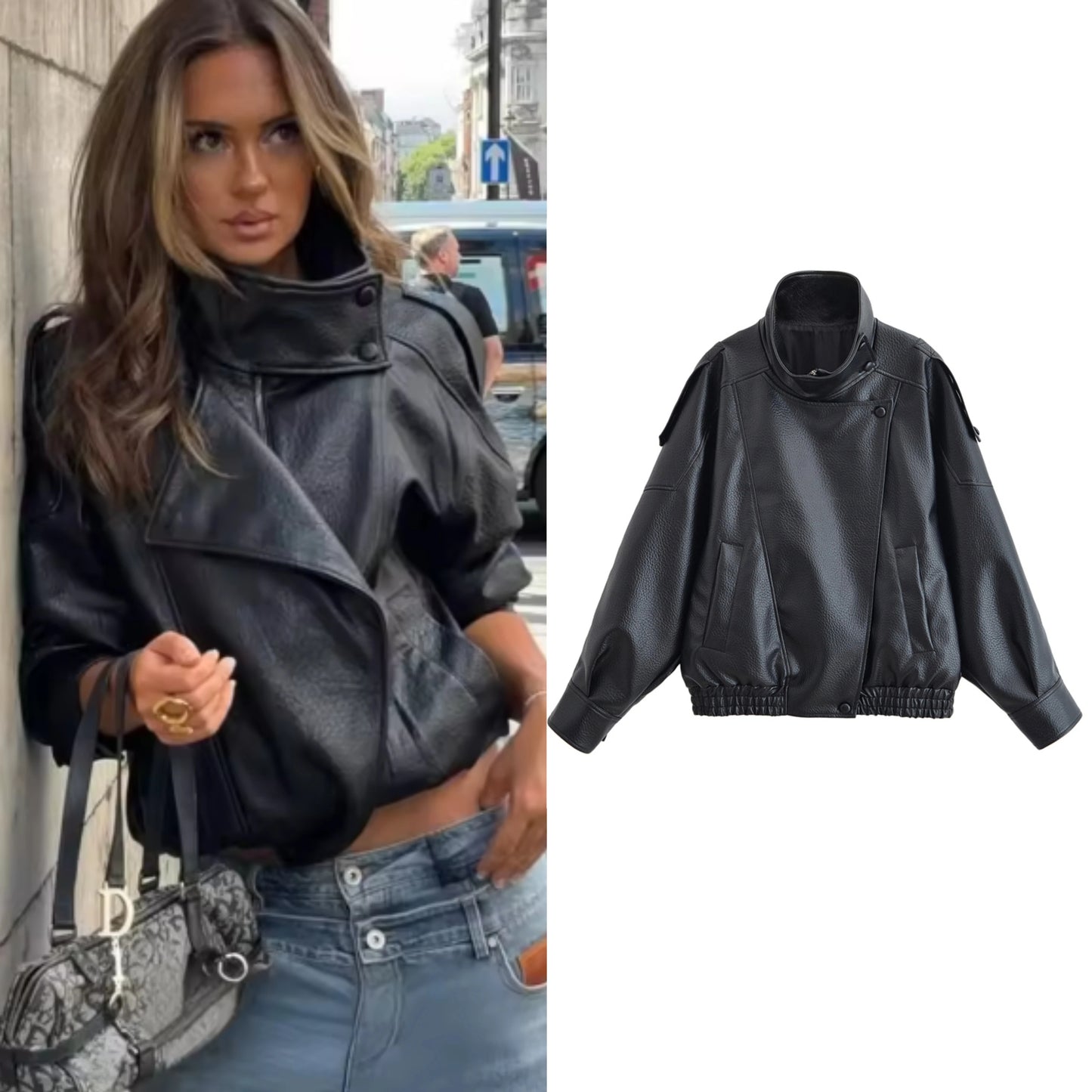 Women's Fall 2025 Black Pebble Faux Leather Motorcycle Jacket Long Sleeve Fashion Coat