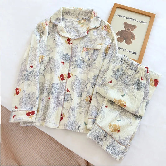 100% Cotton Gauze Women's Pajama Set | Ink Painting Print 2-Piece Sleepwear | Comfortable Nightwear & Home Loungewear