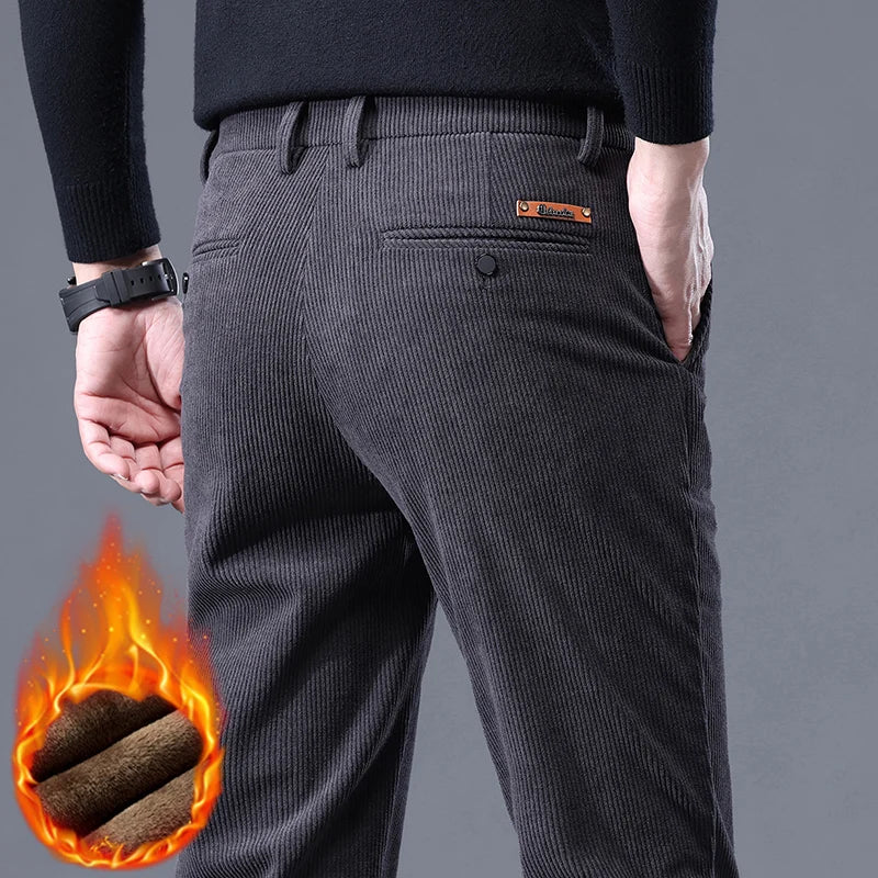 Men's Corduroy Casual Pants – Fleece-Lined Thick Stretch Business Trousers Winter Thermal