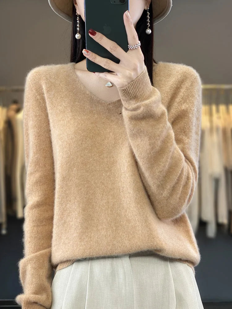 Fashion 100% Merino Wool Cashmere V-Neck Sweater Women Long Sleeve Autumn Winter Knitwear