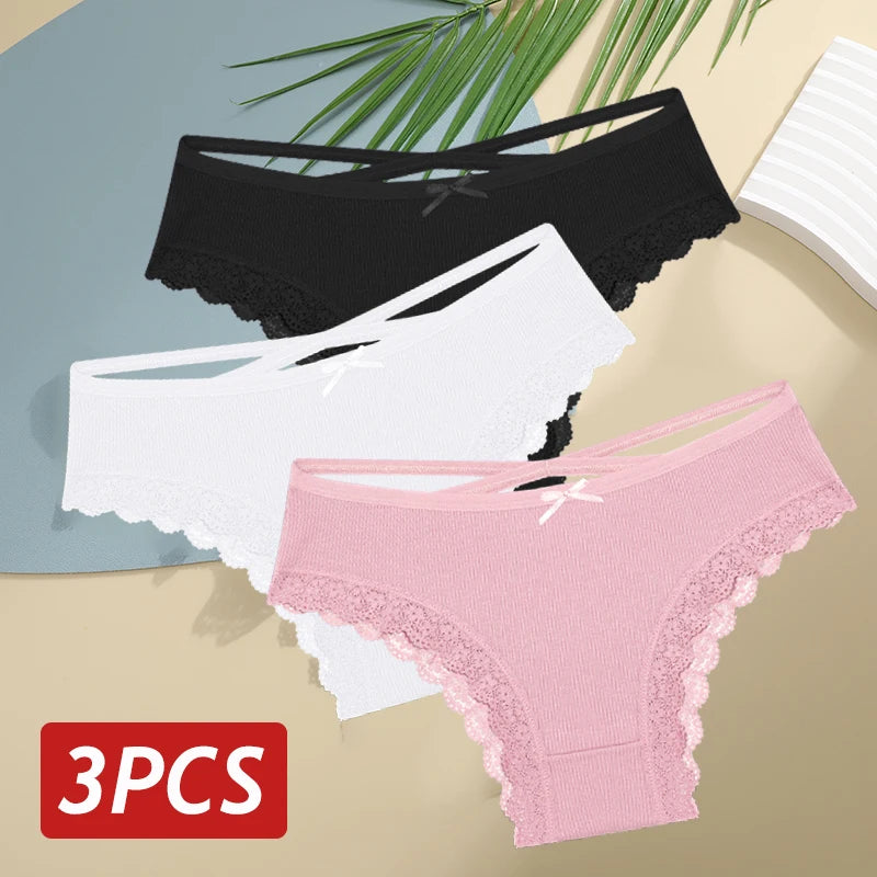 3PCS Set Women's Cotton Low Rise Lace Brazilian Panties Soft Breathable Bow Lingerie Underwear S-XL