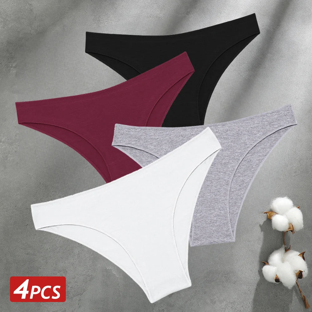 4PCS Seamless Cotton Panties Women Solid Color Low Waist Breathable Stretch Underwear