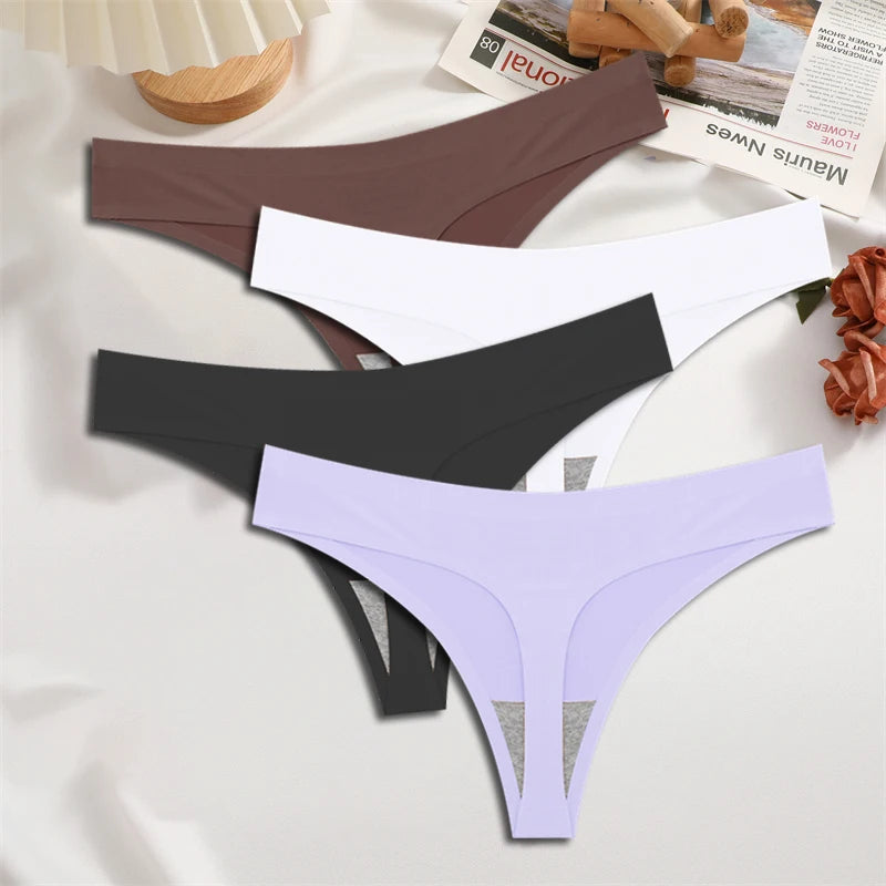 FINETOO 4PCS Women's Ice Silk Seamless Low Waist Thongs Sexy Solid Color Stretch Lingerie