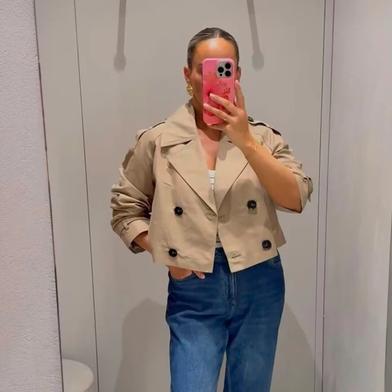 Women's Double-Breasted Short Trench Coat Turn-Down Collar Long Sleeve Vintage Chic Outerwear