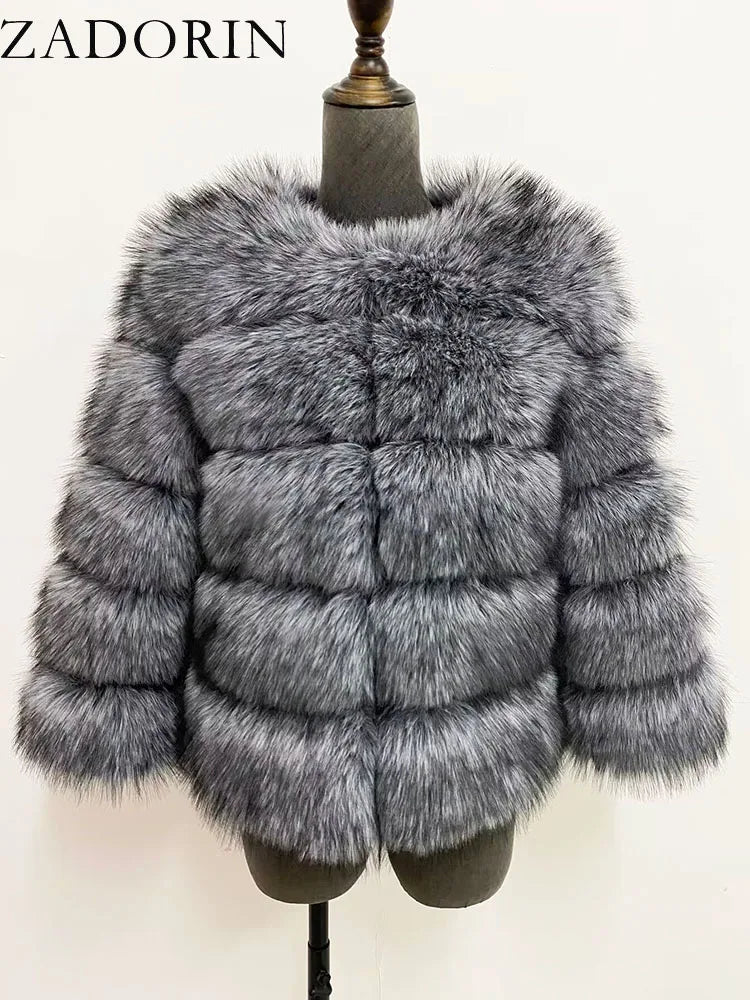 ZADORIN S-6XL Women's Mink Faux Fur Coat Winter Elegant Fluffy Short Jacket Black & White