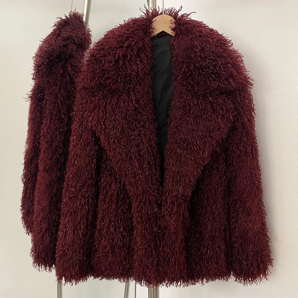 New Winter Women's Faux Mongolia Sheep Fur Coat Warm Thick Long Sleeve Artificial Fur Jacket