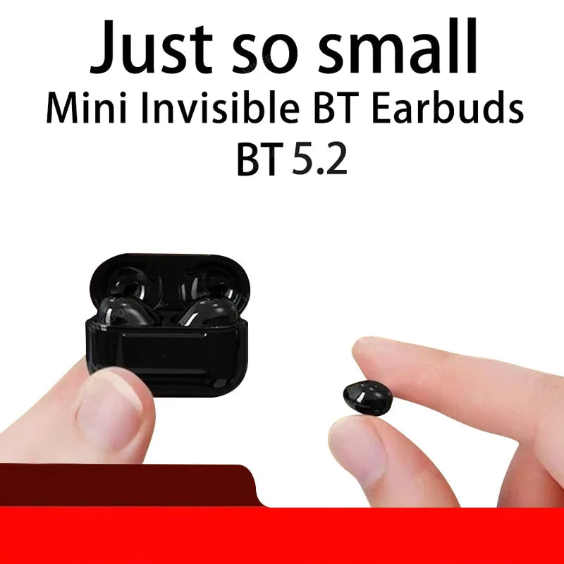 Mini Invisible BT Earbuds with black case held by a hand, labeled 'Just so small' and 'Vikefon Official Store'.