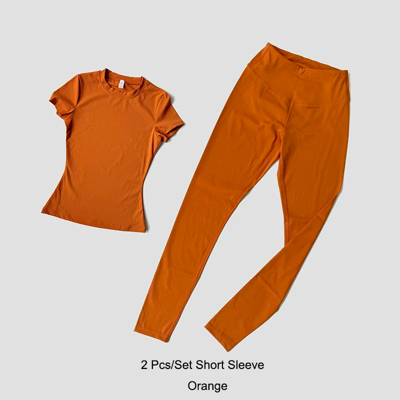 Quick-Drying Gym Leggings Set – Breathable Stretchy Slim Fitness Sport Suit with Short Sleeve Active Top